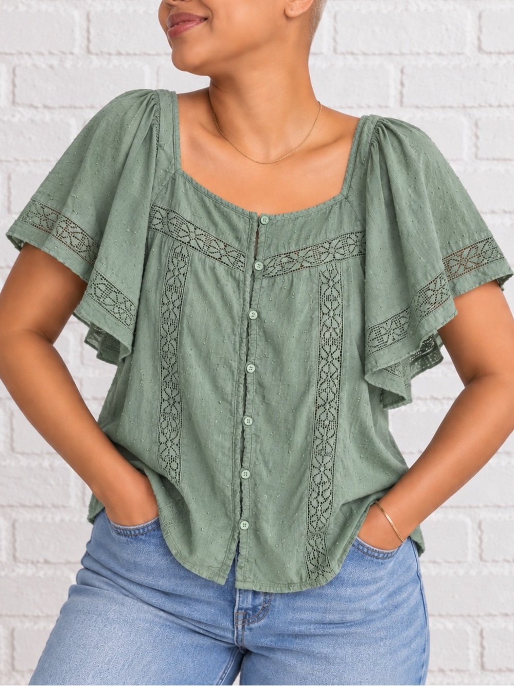 Old Navy Sage Green Fairy Top XXL Swiss Dot Lace Cottagecore Boho Romantic